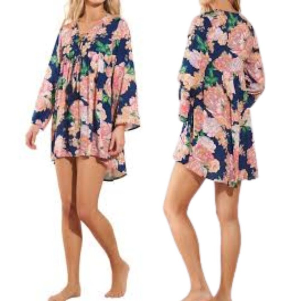 MAAJI Tunic Dress MEDIUM Navy Floral Bell Sleeve Lace Up Boho Mini EUC